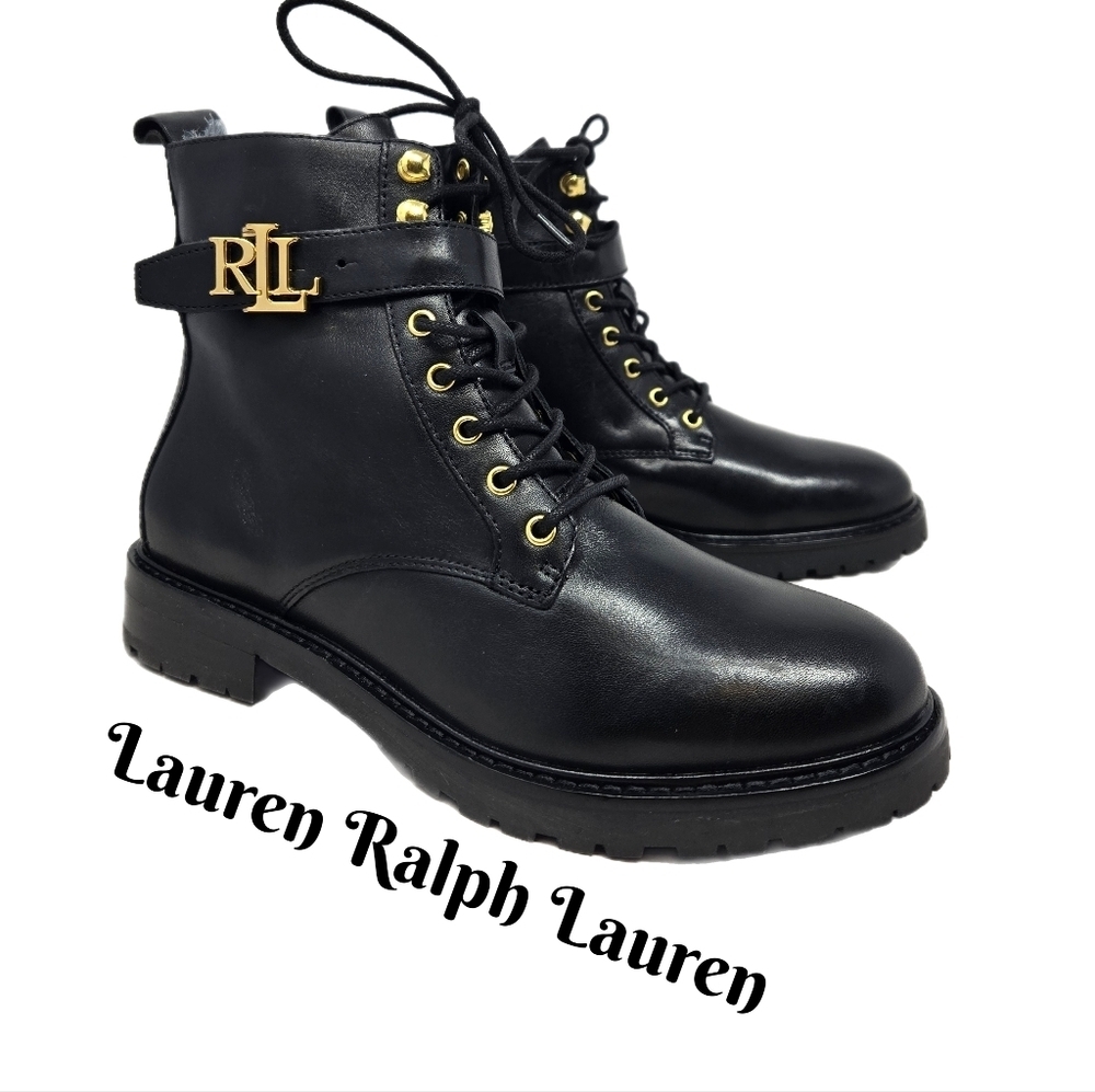 Lauren Ralph Lauren Womens Eldridge Combat Boots Sz 6.5 Black Leather Adj Strap